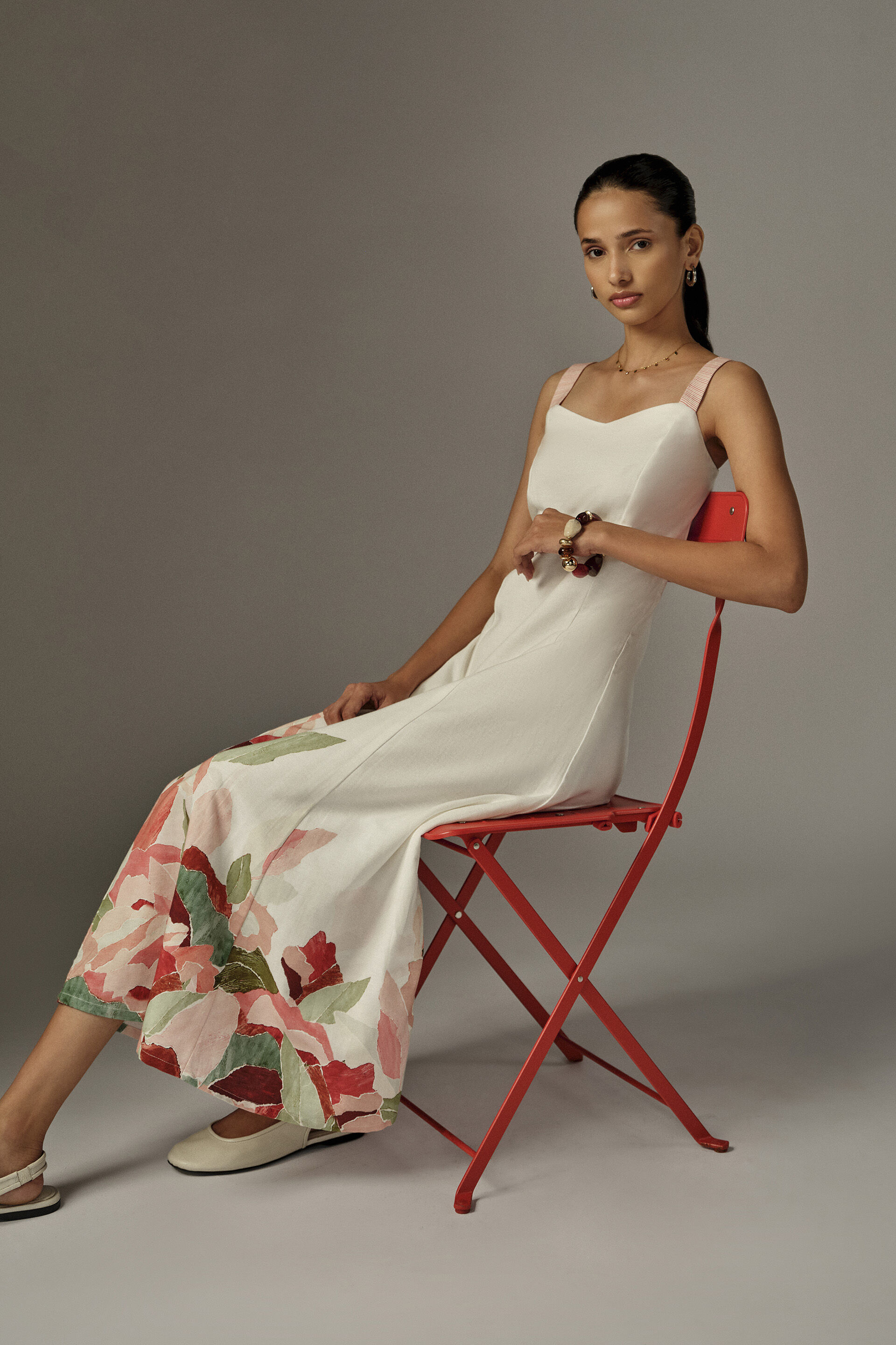 A-line Floral Midi Dress in White, White, image 2